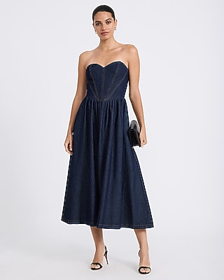 Denim Strapless Sweetheart Seamed Midi Dress with Pockets