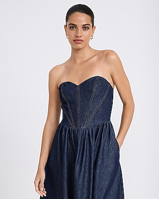 Denim Strapless Sweetheart Seamed Midi Dress with Pockets