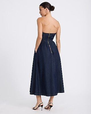 Denim Strapless Sweetheart Seamed Midi Dress with Pockets