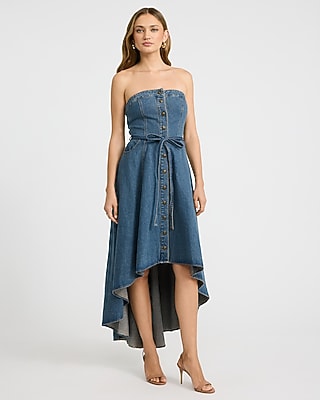 Denim Strapless Tie Waist Button Front High-Low Midi Dress