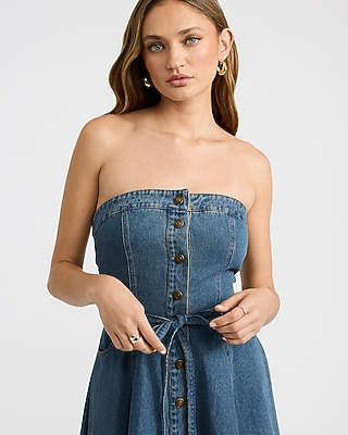 Denim Strapless Tie Waist Button Front High-Low Midi Dress
