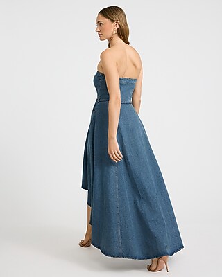 Denim Strapless Tie Waist Button Front High-Low Midi Dress