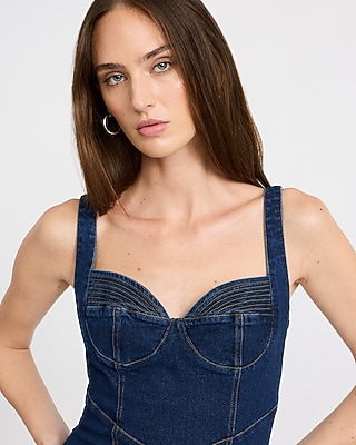 Stretch Denim Sweetheart Seamed Midi Dress