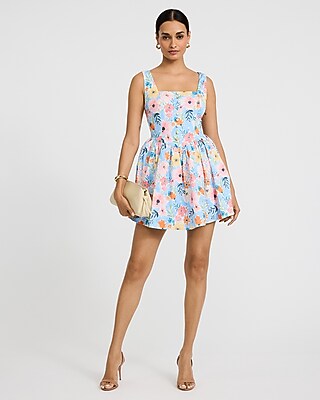 Floral Jacquard Button Front Dipped Waist Mini Dress
