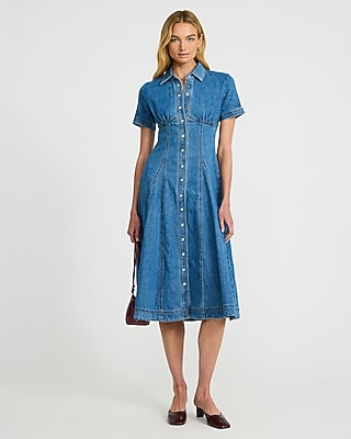 Denim Corset Short Sleeve Button Front Midi Dress