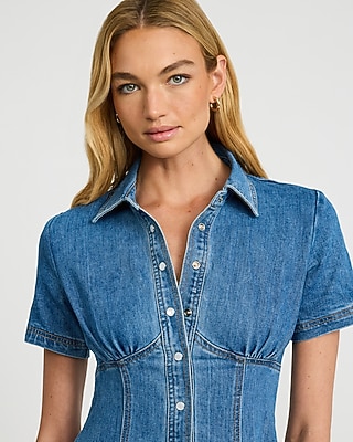 Denim Corset Short Sleeve Button Front Midi Dress - thumbnail 2