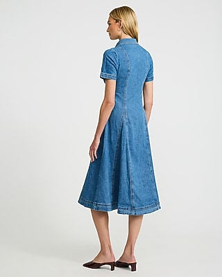 Denim Corset Short Sleeve Button Front Midi Dress - thumbnail 3