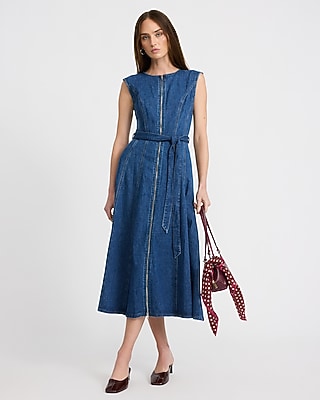 Stretch Denim Cap Sleeve Zip Front Belted Midi Dress