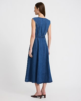 Stretch Denim Cap Sleeve Zip Front Belted Midi Dress