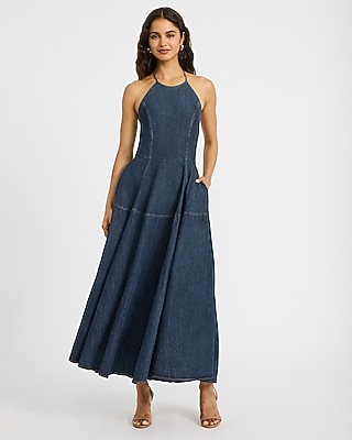 Denim Halter Seamed Fit And Flare Maxi Dress With Pockets | Express