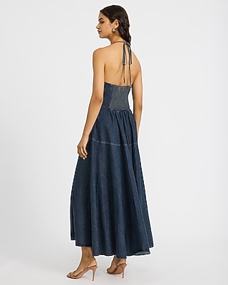 Denim Halter Seamed Fit and Flare Maxi Dress with Pockets