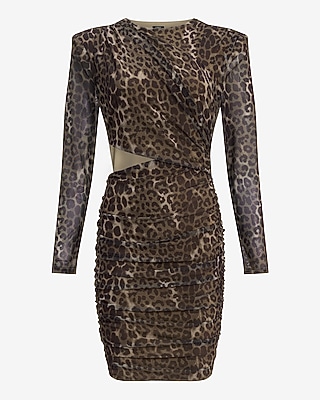 Mesh Leopard Crew Neck Long Sleeve Cutout Mini Dress