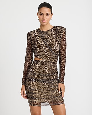 Mesh Leopard Crew Neck Long Sleeve Cutout Mini Dress