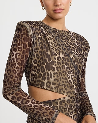 Mesh Leopard Crew Neck Long Sleeve Cutout Mini Dress