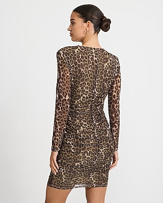 Mesh Leopard Crew Neck Long Sleeve Cutout Mini Dress