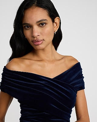 Velvet Off The Shoulder Ruched Mini Dress