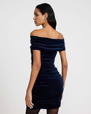 Velvet Off The Shoulder Ruched Mini Dress
