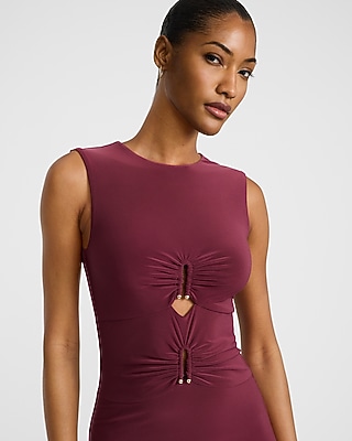 Crew Neck Sleeveless Cutout Ruched Midi Dress