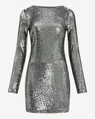 Sequin Boat Neck Long Sleeve Low Back Mini Dress