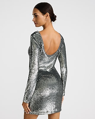 Sequin Boat Neck Long Sleeve Low Back Mini Dress