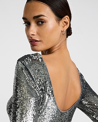 Sequin Boat Neck Long Sleeve Low Back Mini Dress