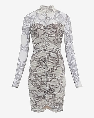 Snakeskin Print Mesh Mock Neck Ruched Mini Sheath Dress