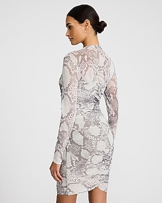 Snakeskin Print Mesh Mock Neck Ruched Mini Sheath Dress