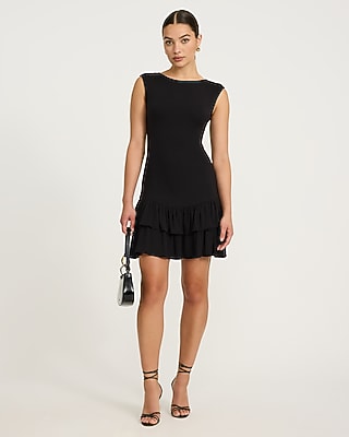 Boat Neck Cap Sleeve Drop Waist Ruffle Hem Mini Sheath Dress | Express