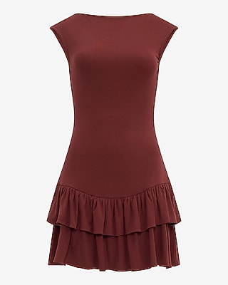 Boat Neck Cap Sleeve Drop Waist Ruffle Hem Mini Sheath Dress