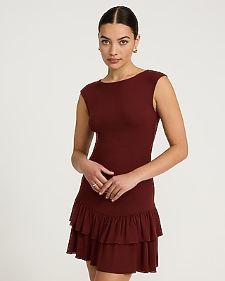 Boat Neck Cap Sleeve Drop Waist Ruffle Hem Mini Sheath Dress | Express
