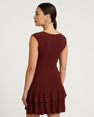 Boat Neck Cap Sleeve Drop Waist Ruffle Hem Mini Sheath Dress