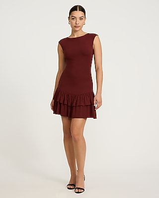 Boat Neck Cap Sleeve Drop Waist Ruffle Hem Mini Sheath Dress