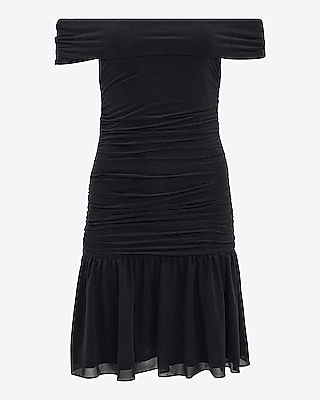 Knit Off The Shoulder Drop Waist Ruched Mini Dress