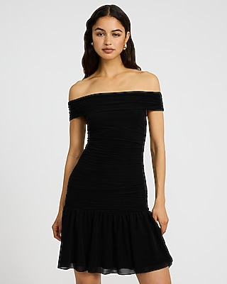 Knit Off The Shoulder Drop Waist Ruched Mini Dress
