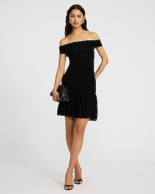 Knit Off The Shoulder Drop Waist Ruched Mini Dress