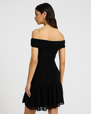 Knit Off The Shoulder Drop Waist Ruched Mini Dress