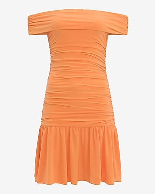 Knit Off The Shoulder Drop Waist Ruched Mini Dress