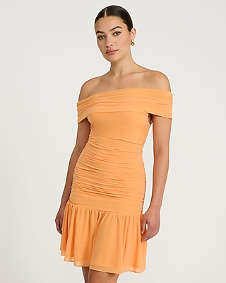 Knit Off The Shoulder Drop Waist Ruched Mini Dress