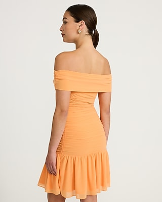 Knit Off The Shoulder Drop Waist Ruched Mini Dress