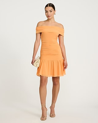 Knit Off The Shoulder Drop Waist Ruched Mini Dress