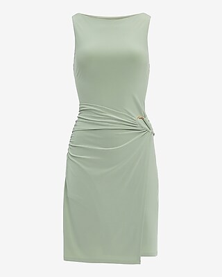 Jersey Knit Boat Neck Hardware Wrap Mini Dress