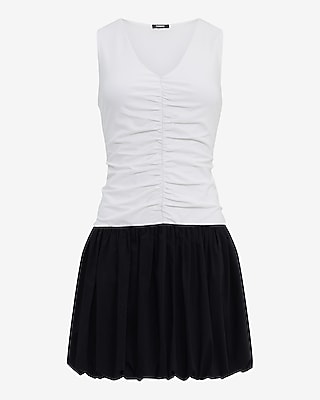 Stretch Cotton Color Block Bubble Hem Mini Dress with Pockets