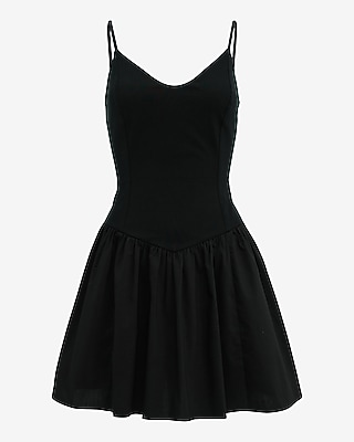 Mixed Media V-Neck Drop Waist Mini Dress