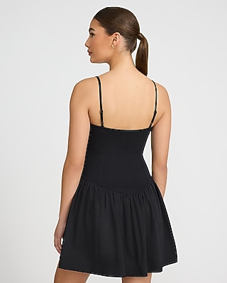 Mixed Media V-Neck Drop Waist Mini Dress