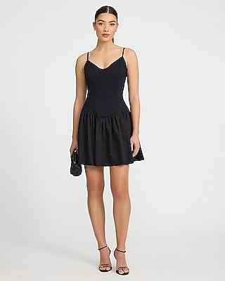 Mixed Media V-Neck Drop Waist Mini Dress