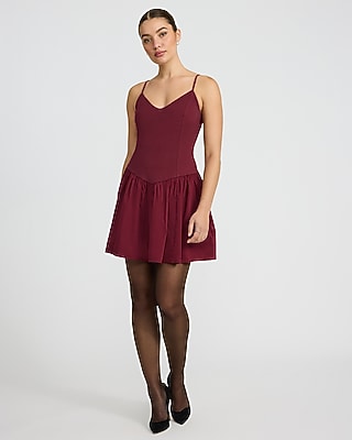 Mixed Media V-Neck Drop Waist Mini Dress