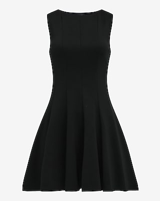 Crew Neck Sleeveless Seamed Pleated Mini Fit and Flare Dress with Pockets