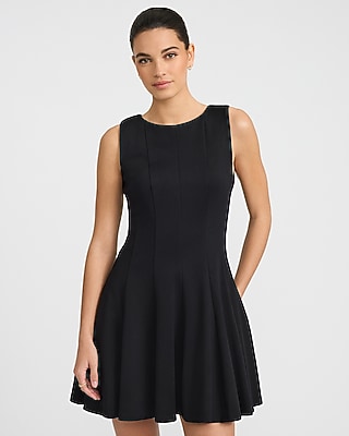 Crew Neck Sleeveless Seamed Pleated Mini Fit and Flare Dress with Pockets