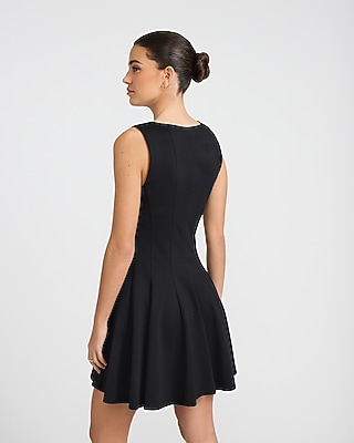 Crew Neck Sleeveless Seamed Pleated Mini Fit and Flare Dress with Pockets