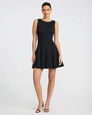 Crew Neck Sleeveless Seamed Pleated Mini Fit and Flare Dress with Pockets